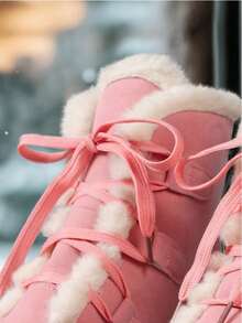 2026 New Mid-Calf Beige Women's Snow Boots, Round Toe Casual Lace-Up, Fleece Lined, Thick Fur, Warm, Versatile, Suede, Platform, Plus Size, Winter Short Boots, Lightweight, Non-Slip Valentine's Day Gift - 粉色 - 查看 5