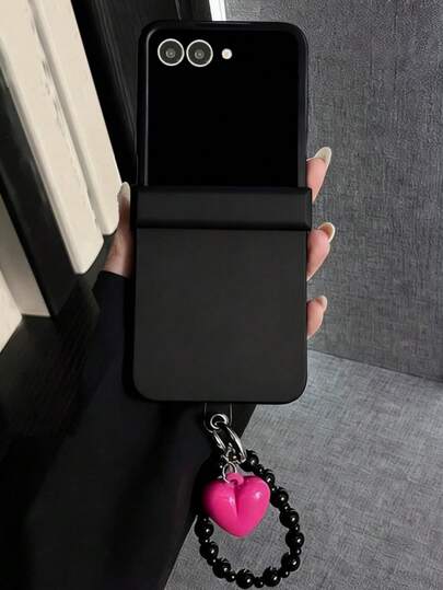 Lyxigt rosrött hjärtformat pärlarmband svart telefonskal kompatibelt med Samsung Galaxy Z Flip7 Z Flip6 ZFlip 5 ZFlip 4 3 5G gångjärnshårt skal