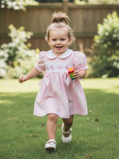 Toddler Baby Girl Easter Outfit BowBunny Embroidered Striped Dress Puff Short Sleeve Doll Collar Rabbit Smocked A-Line Ribbon Dresses Princess Sundress Summer Clothes