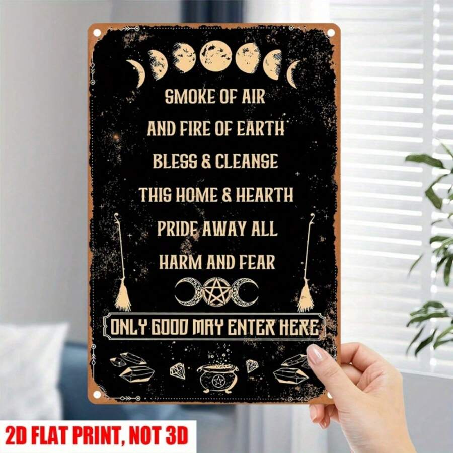 2D Flat Gothic Witchcraft Blessing Metal Sign, Multi-Purpose Decor Sign, Witchcraft, Wizard, Halloween, Gothic Mural Decor, Outdoor Hanging Decor, Gothic Home Decor, Decor Pendant With Witchcraft Symbols & Spells, Gift Creativity, Metal Wall Decor - Metal Spray Paint - View 1