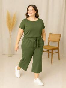 Women's Casual Plus Size Pantacourt Set With Short Sleeves - xanh quân đội - Xem 2