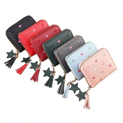 Nueva cartera con cremallera y borlas, billetera corta de mujer con bordado de corazón de moda, billetera multifunción linda, monedero estilo coreano para mujer, mini billetera, monedero pequeño, billetera linda
