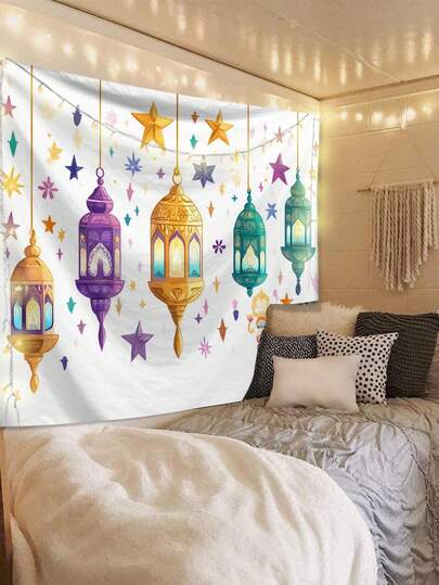 1pc Eid Mubarak Pattern Printed Tapestry, Large Size Decorative Hanging Cloth, Home Decor, Holiday Gift, Party Decoration, Live Streaming Background, Suitable For Living Room And Hotel, With Installation Bag (Accessories Included)
