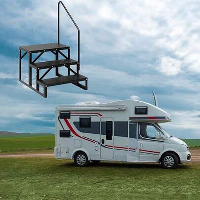 Escaleras para vehículos recreativos de 2 a 3 escalones con pasamanos y panel antideslizante. Escalera portátil de acero de aleación con capacidad de 300 kg para un fácil acceso a vehículos recreativos, jacuzzis y remolques de viaje.