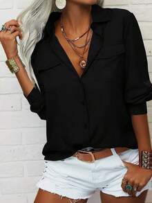 Womens Solid Lapel Long Sleeves Button Down Shirt Top Casual Basic Office Blouse,New Years Outfit Women,Country Concert Outfit,Vintage Clothes Women,Long Sleeve Tops Women,Valentine's Day, - màu đen - Xem 4