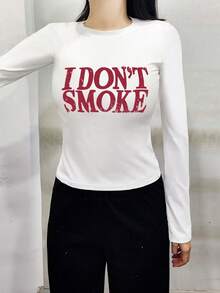 圆领长袖T恤，美式坏女孩风格，春秋新款字母印花，女士短款修身上衣 - 白色 - 查看 2