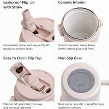 陶瓷内胆保温旅行杯，带吸管，防漏真空隔热，适用于茶和咖啡。保冷12-24小时/保热6-12小时。防滑底座，方便携带，适合办公室、汽车和通勤使用。是送给女士、男士和学生的理想礼物。 - 彩色 - 查看 6