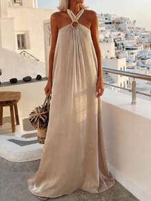 Vestido largo sin espalda de tela ligera con cinturón elástico en la cintura, estilo vacacional para primavera/verano - Dorado - Ver 4