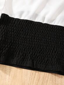 Girls Elegant Color Block Shirt Collar Top And Fashionable Retro Sequin Flare Pants Set, Suitable For Spring And Autumn - Black - View 6