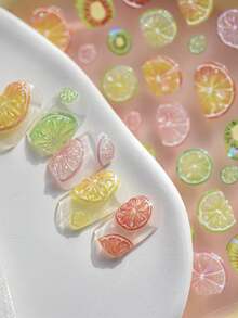 1片多汁水果切片奇异果西柚柠檬果冻清新5D美甲贴纸自粘按压式美甲贴，适合女性夏季美甲装饰，日常派对健康美甲用品 - 彩色 - 查看 5