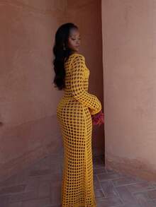 MORI Orange Hollow-Out Long Sleeve Knitted Cover Up Dress, Women's Spring/Summer New Beach Holiday Vacation Seaside Outfit, Summer Fashion Elegant Casual Loose Daily Versatile Travel Comfortable Knit Dress - Orange - View 2