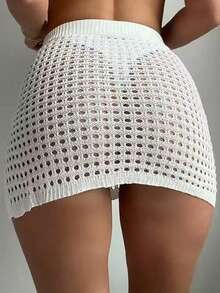 Solid Color Ribbed Hollow Out Drawstring Beach Vacation Skirt White Summer - White - View 7