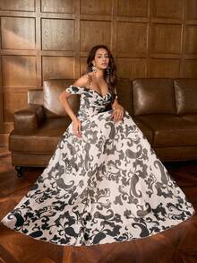 Faeriesty Vestido maxi de hombros abiertos elegante para mujer: Vestido ajustado con estampado floral, espalda cruzada, tirantes de espagueti y volantes escalonados en el bajo, con tirantes ajustables - Perfecto para sesión de fotos nupcial, invitada de boda de jardín, celebración de aniversario, escapada romántica, fiestas formales de primavera en interiores, color negro - Negro - Ver 7