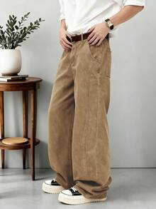 1 pieza Pantalones vaqueros anchos de corte holgado de estilo retro americano para hombre, color marrón, con bordado de elefante de dibujos animados, unisex (cinturón y accesorios no incluidos) - Caqui - Ver 5
