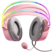 Lightweight Game Headset With RGB Lighting, Wired Over Ear Headphones With Mic For PC, PS, Switch, Stereo Surround Sound, Self-Adjusting - 粉色 - 查看 2