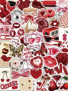 50pcs Red Aesthetic Stickers, Valentine's Day Stickers, Girl Stickers, Handmade Materials, Vinyl Stickers - Multicolor - View 11