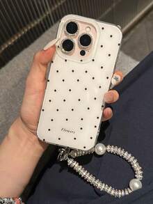 1pc Fashionable New IMD Black Polka Dot Lanyard Phone Case With Cartoon Star Lanyard, Suitable For IPhone 17 Pro Max/16 Pro Max/13/15/16/15 Pro Max/17 Pro/14/11, IMD Lanyard Phone Protective Cover - White - View 1