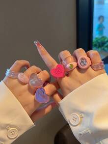 女款時尚個性戒指組，多色多款可選，熱銷多彩透明粉色橘色紫色藍色綠色黃色深紅色米色棕色玫瑰紅彩色寬面心形水鑽大戒指，3/4/5/6/7/8/9/10/11/12件組 - 彩色 - 查看 27