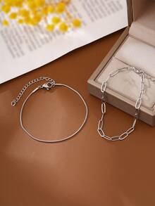 2pcs Set Minimalist Stainless Steel Round Snake Chain & Cross Bracelet Set, Elegant Everyday Wear For Women - Silver - View 2