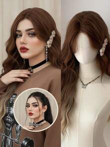 4*1 Peluca sintética ondulada de 26 pulgadas con encaje, degradado de marrón a rubio, raya al medio, cabello largo y rizado para uso diario, fiesta y disfraz (Presta atención a cómo la usas y cuidas) - Marrón - Ver 4