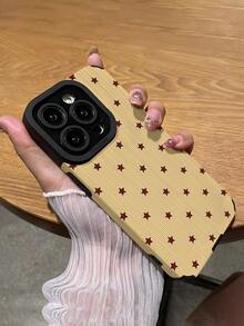 1pc Fashionable & Unique Yellow Base Red-Brown Star Minimalist Pattern Vertical Striped Faux Leather Protective Phone Case, Suitable As Birthday, Holiday Gift For Friends, Family, Couples, Compatible With IPhone 17/17 Air/17 Pro/17 Pro Max, 16/16 Plus/16 Pro/16 Pro Max, 15/15 Plus/15 Pro - Multicolor - View 5