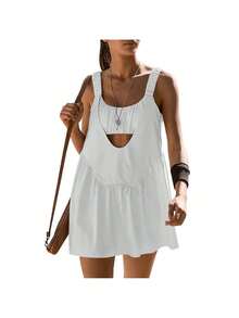 Women's Tennis Dress Cutout Loose Sleeveless Athletic Dresses With Built In Bra And Shorts Set For Workout Golf Dress - Trắng1 - Xem 1