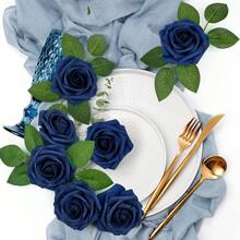 25/50pcs Navy Blue Artificial Foam Roses With Stems - Perfect For DIY Wedding Decor, Bouquets, Party Table Arrangements And Home Decoration, Packed In OPP Bag, With 2 Leaves - Dark Blue - View 5