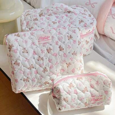 1件/套蝴蝶结可爱小熊印花旅行化妆包多功能收纳包手拿包，带拉链，可收纳化妆品、护肤品、口红、护手霜、化妆刷、发夹、零钱等。大容量化妆包，便携式旅行化妆包，化妆品收纳包，化妆包，洗漱包，护肤包，钱包，送给朋友的礼物，情人节礼物，伴娘礼物，妈妈礼物，返校礼物，旅行必备，宿舍必备。