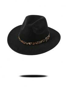 1pc Gray Felt Fedora Hat, Wide Brim Design With Leopard Print Band & Metal Buckle Decor, Chic & Stylish For Casual, Commute, Street Wear, Unique & , Multi-Color Options To Match Various Outfits