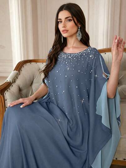 Áo Abaya dài kiểu Ả Rập dành cho nữ, cổ tròn, phối màu tương phản, đính ngọc trai, mềm mại và thoải mái, phù hợp cho các lễ hội, mặc hàng ngày và nhiều dịp khác nhau.