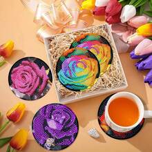 8pcs/Set Diamond Painting Coasters With Holder, DIY Valentine's Day Flower Pattern Diamond Art Coasters, Diamond Painting Kit Suitable For Adults And Beginners, Diamond Painting Craft Supplies, Exquisite Gift For Friends - Multicolor - View 6