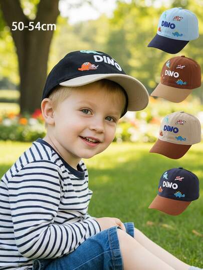 1顶儿童撞色休闲恐龙刺绣防晒硬边棒球帽，适合所有季节