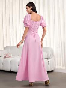 Elegant Long Dress For Women, Square Neckline, Lantern Short Sleeves, Pleats, Back Tie, Solid Color, Suitable For Autumn Wear.Summer Dress Elegant Dresses For Party - Pink - View 2