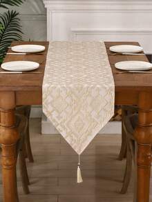 1pc Jacquard Decorative Table Runner, Gold Geometric Pattern, Tassel Decor For Dining Room, Living Room, Holiday