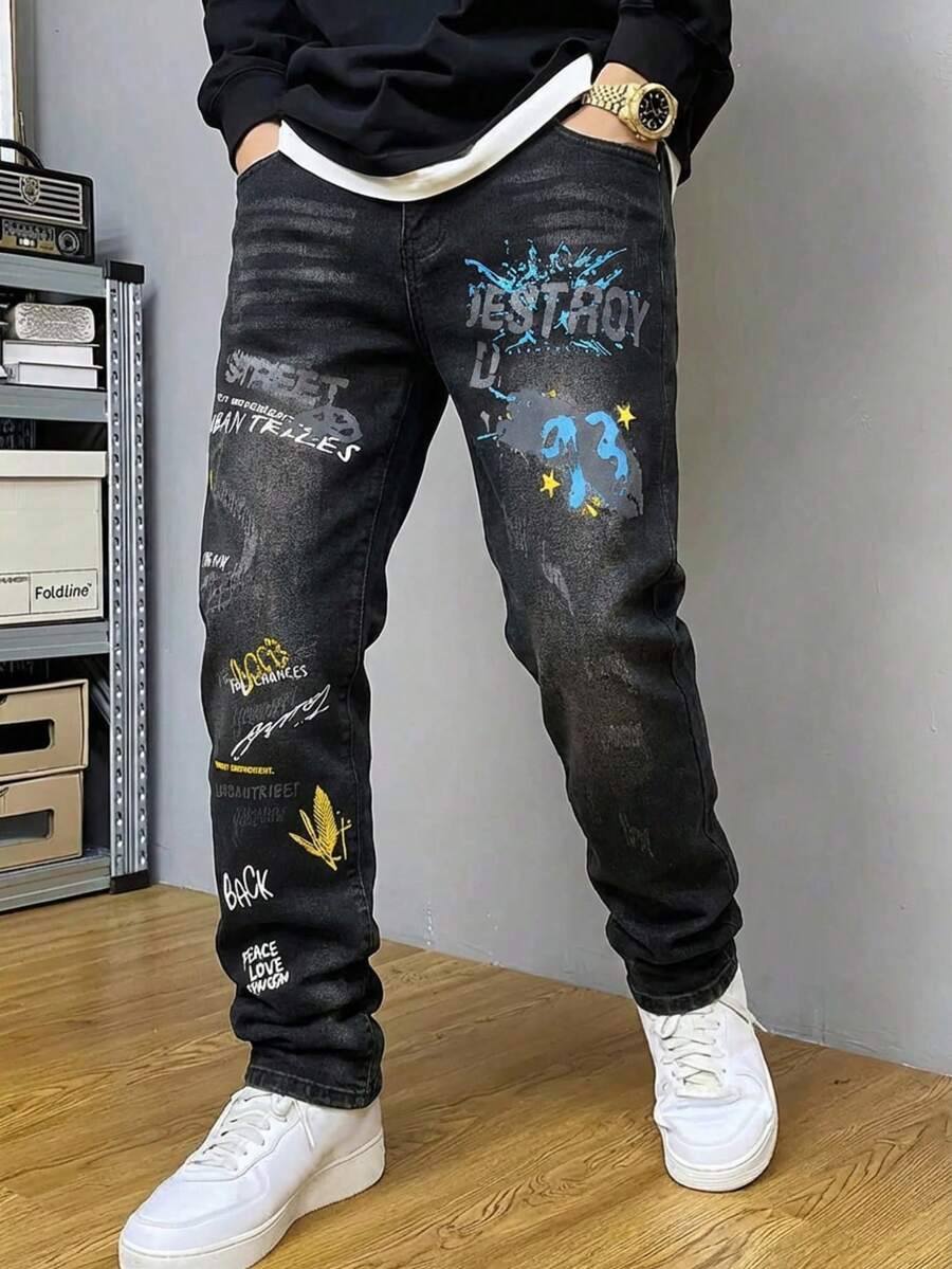 青少年男孩休闲印花牛仔裤，四季皆宜 - 黑色 - 查看 1