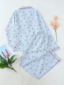 2pcs Plaid Cherry Print Pajama Set, Sweet & Cute Lapel Button Long Sleeve Top And Pants, Suitable For Women Home Wear, Autumn/Winter - Blue - View 2