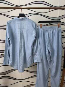 Linen Shirt And Pants Set (2 Pieces), Lined With Elastic. - Celeste - Ver 6