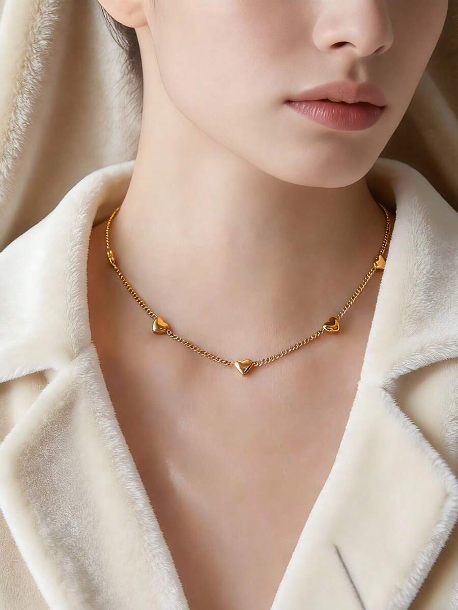 1pc Women Gift Stainless Steel Connected Hearts Necklace, Daily Layering Accessories Gift (Random Heart Quantity) - Yellow Gold - View 1