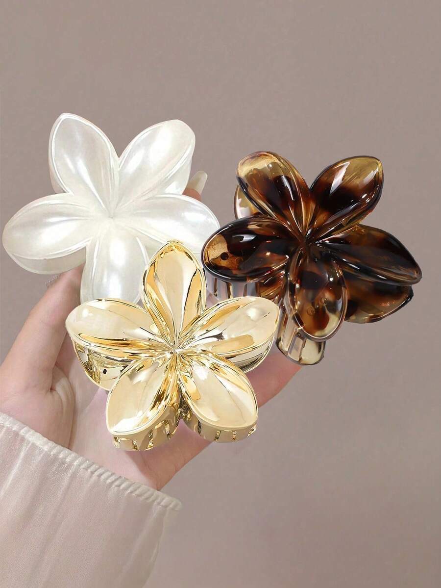 3个/1个 3.15英寸/8厘米 金色仿珍珠白豹纹花朵塑料发夹，时尚百搭，简约优雅，纯色发爪，适合日常、休闲、派对、海滩、度假、发型设计、洗脸/洗头、化妆、服装配饰，秋季时尚发夹，秋季发饰，冬季发夹，夏季发夹，女士发爪夹 - 彩色 - 查看 1