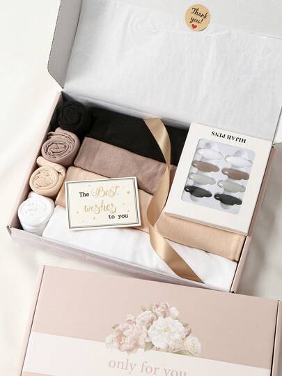 9pcs Women's New Large Size Hijab + Beanie + Brooch Headscarf, Long Scarf, Solid Color Casual Soft Delicate Gift Box Set, Skin-Friendly & Breathable, Great Gift Choice