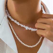 1pc Men's Fashionable Double-Layer Asymmetrical White Stone & Pearl Necklace, Suitable For Daily Wear And Gatherings - White - View 4