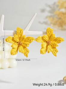 1对波西米亚风百搭拉菲草编织彩色DIY手工3D五瓣花耳环，时尚简约拉菲草编织绿色花朵耳环，适合女性日常、度假、派对佩戴（手工制作，可能略有胶水残留，编织图案随机） - 黃色 - 查看 6