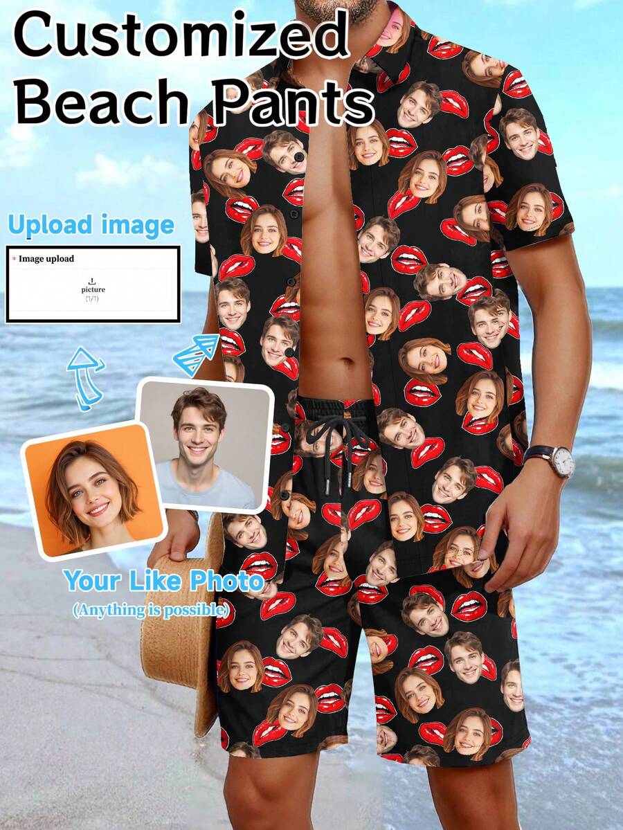 Customized Hawaiian Vacation Shirt And Shorts Set For Men, Personalized With Portrait, For Boyfriend, Friend, Child's Anniversary, Birthday, Holiday - Multicolor - View 1