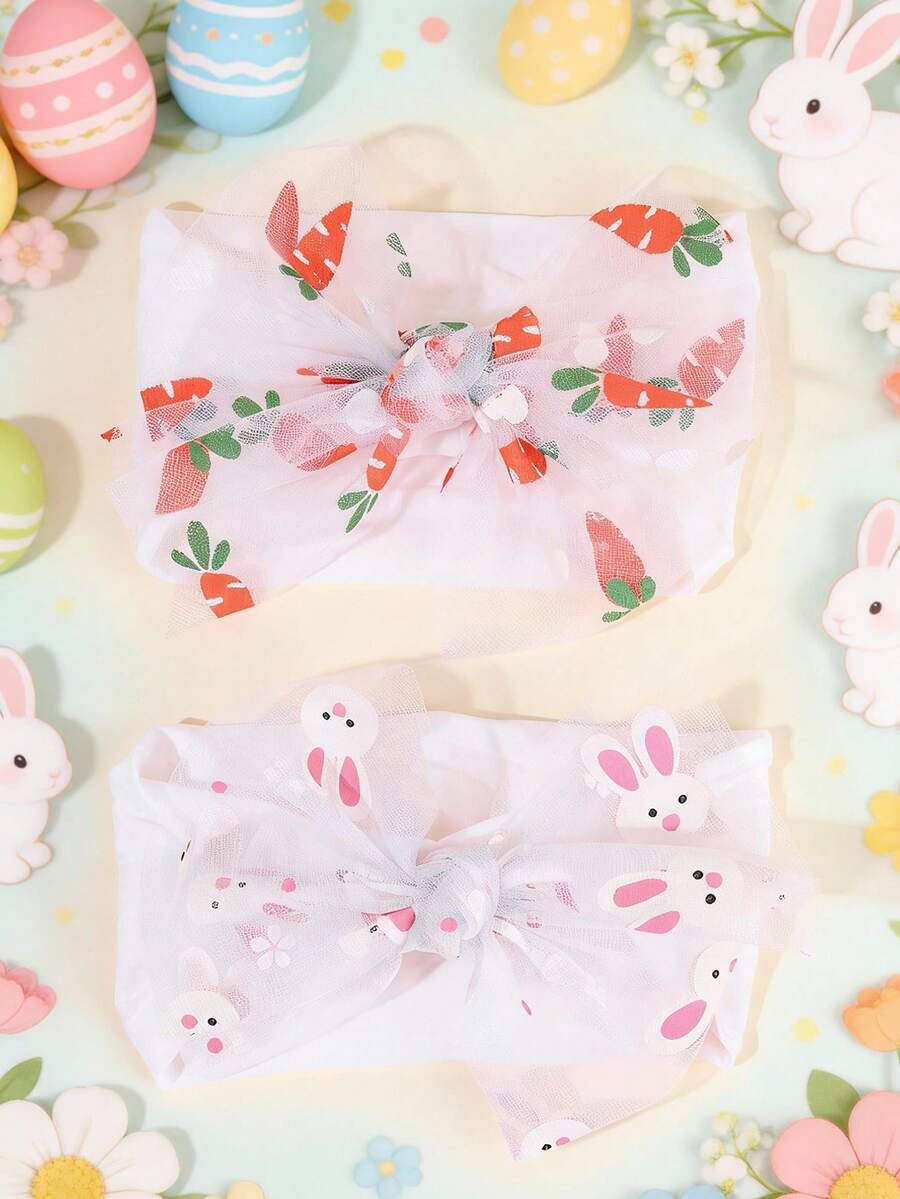 2个复活节纯色蝴蝶结发圈，兔子和胡萝卜装饰发带，蝴蝶结尼龙材质，透气舒适，可爱复活节宝宝和幼儿日常发饰 - 白色 - 查看 1