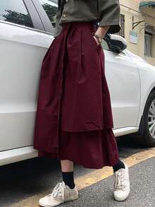 French Fashion Women's New Vacation Style Unique Asymmetric Skirt, Loose Korean Style A-Line High Waist Pleated Skirt, Elegant Skirt - Burgundy - View 6