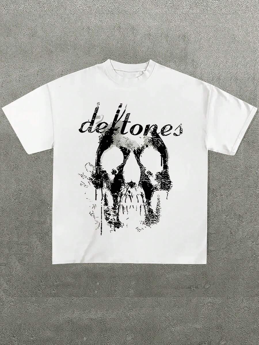 Graphic Hoodies Cotton T-Shirt Graphic Hoodies Cotton T-Shirt Plus Size Men Rock N Roll Music T-Shirt,Skull And 'defton Es' Band Tribute Printed Casual Soft Short Sleeve Pure Cotton  Tees Y2K,Oversize Plus Size Men's S To 5XL,Summer Tee Y2K,Oversize Plus Size Men's S To 5XL,Summer Tee - White - View 1