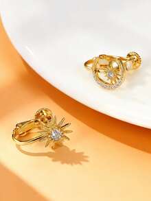 1 Pair Fashionable Minimalist Star & Moon Clip-On Earrings, Suitable For Women's Daily Wear, Holiday Parties - Yellow - View 7