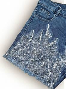 GLOURI Women's Light Blue High-Waisted Denim Shorts - Pearl & Sequin Lace Embellishments & Distressed Hem | Sweet-Glam Chic Style For Evening Brunch, Party Nights & Stylish Casual Outings - 藍色 - 查看 7