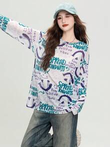 JUTU Spring/Summer White Round Neck Loose Contrast Letter Graffiti Mesh Lightweight Breathable Long Sleeve Casual Pullover Cover Up - 0B02 - View 2