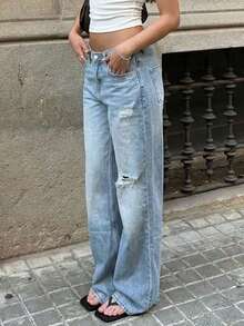 Quần jeans nữ dáng suông, cạp thấp, rộng rãi, phong cách thường ngày, bạc màu, rách nhẹ. - Rửa nhẹ - Xem 4